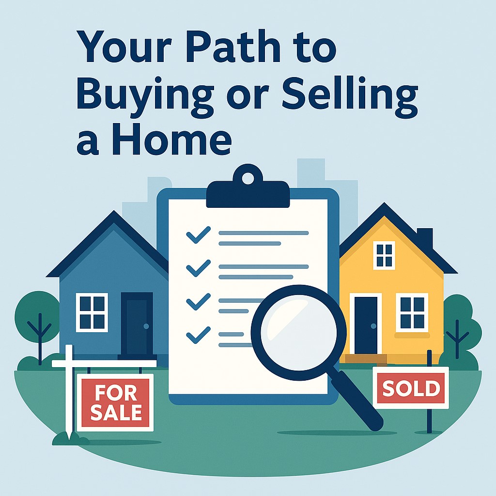 alt="Illustration of two homes, one with a 'For Sale' sign and one with a 'Sold' sign, with a checklist and magnifying glass between them, representing the process of buying or selling a home"
