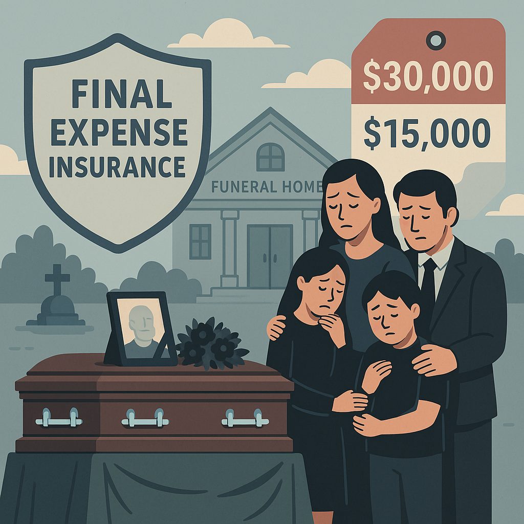 Illustration showing the importance of Final Expense Insurance with a grieving family at a funeral, a cost meter displaying $15,000 to $30,000, and a protective insurance document symbolizing financial relief and peace of mind.